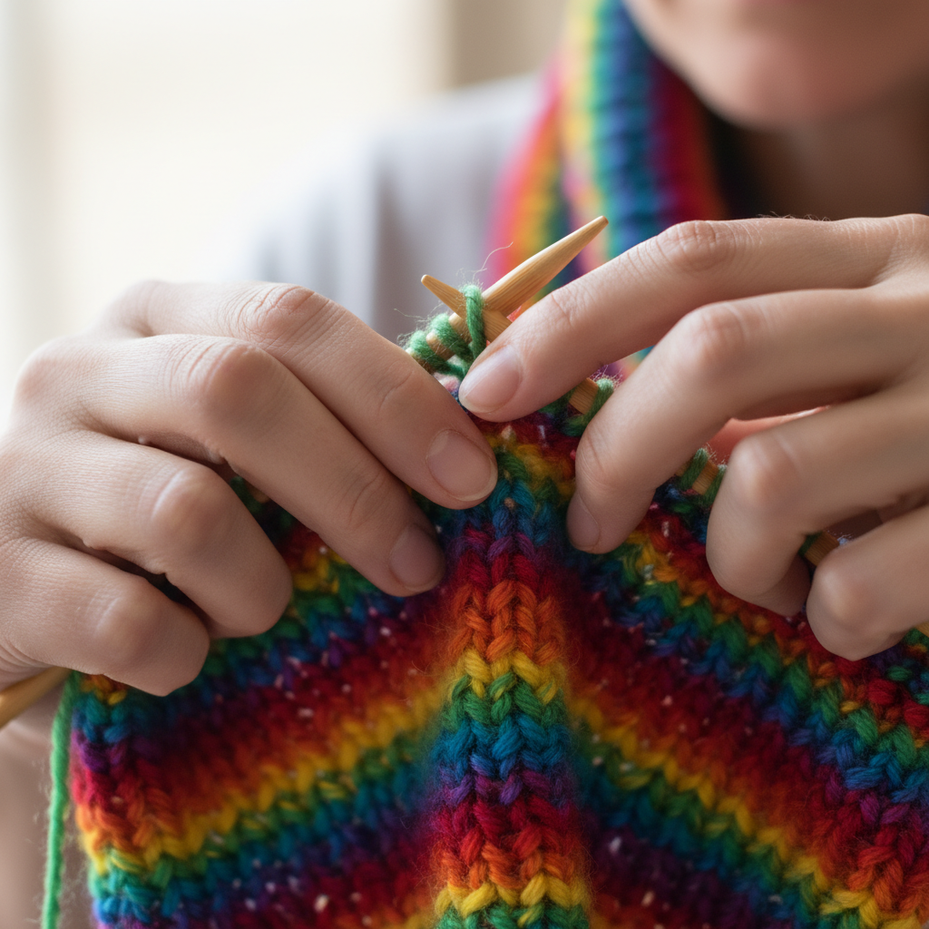 Hands knitting colorful yarn